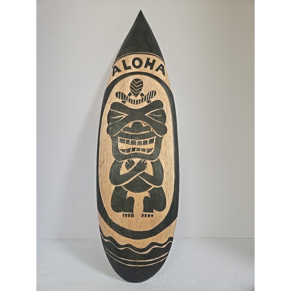 19" Aloha Tiki Surfboard Wall Decor Wooden‎ Hawaiian Bar Plaque Black Tan